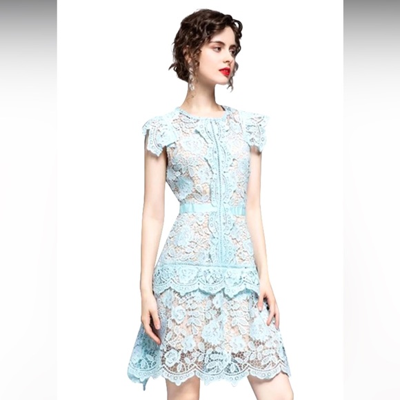 #152 Elegant Butterfly Sleeve Crochet Lace Casual O-neck High Waist Dress - Picture 2 of 16